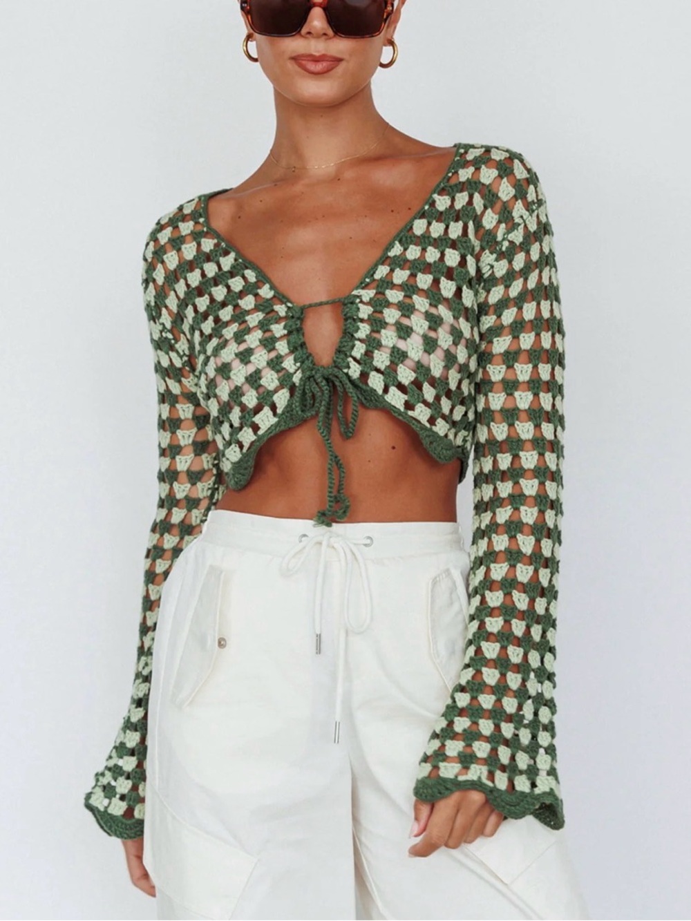 mahina Green Crochet Tie-Front Crop Top
